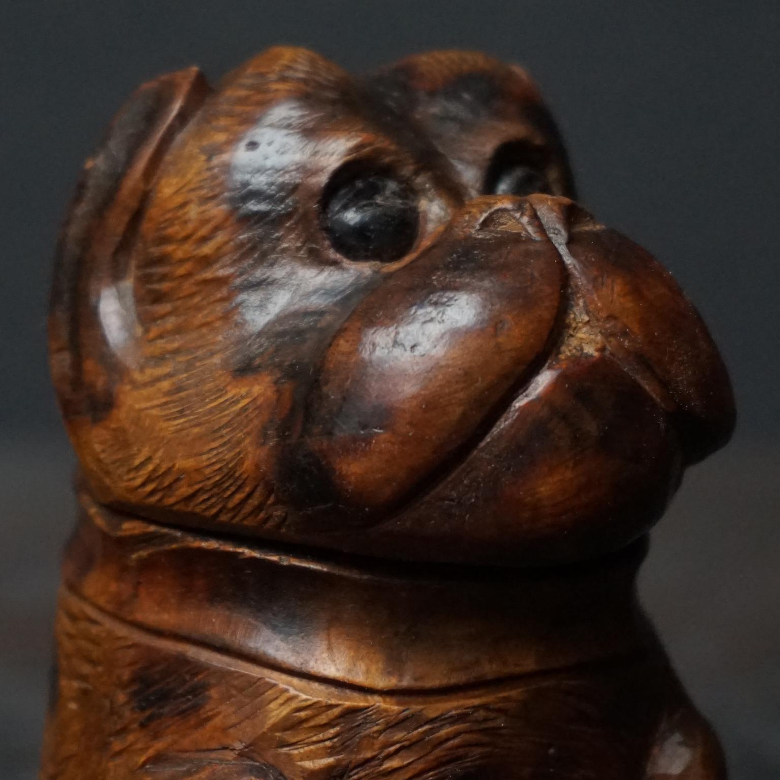 Three 19th Century Black Forest Carved Walnut Inkwells Monkey Kingfisher Bulldog For Sale 10