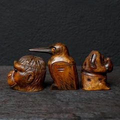 Three 19th Century Black Forest Carved Walnut Inkwells Monkey Kingfisher Bulldog