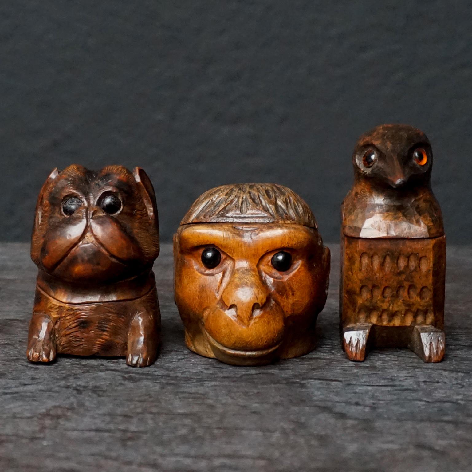 Victorian Three 19th Century Black Forest Carved Walnut Inkwells Monkey Kingfisher Bulldog For Sale