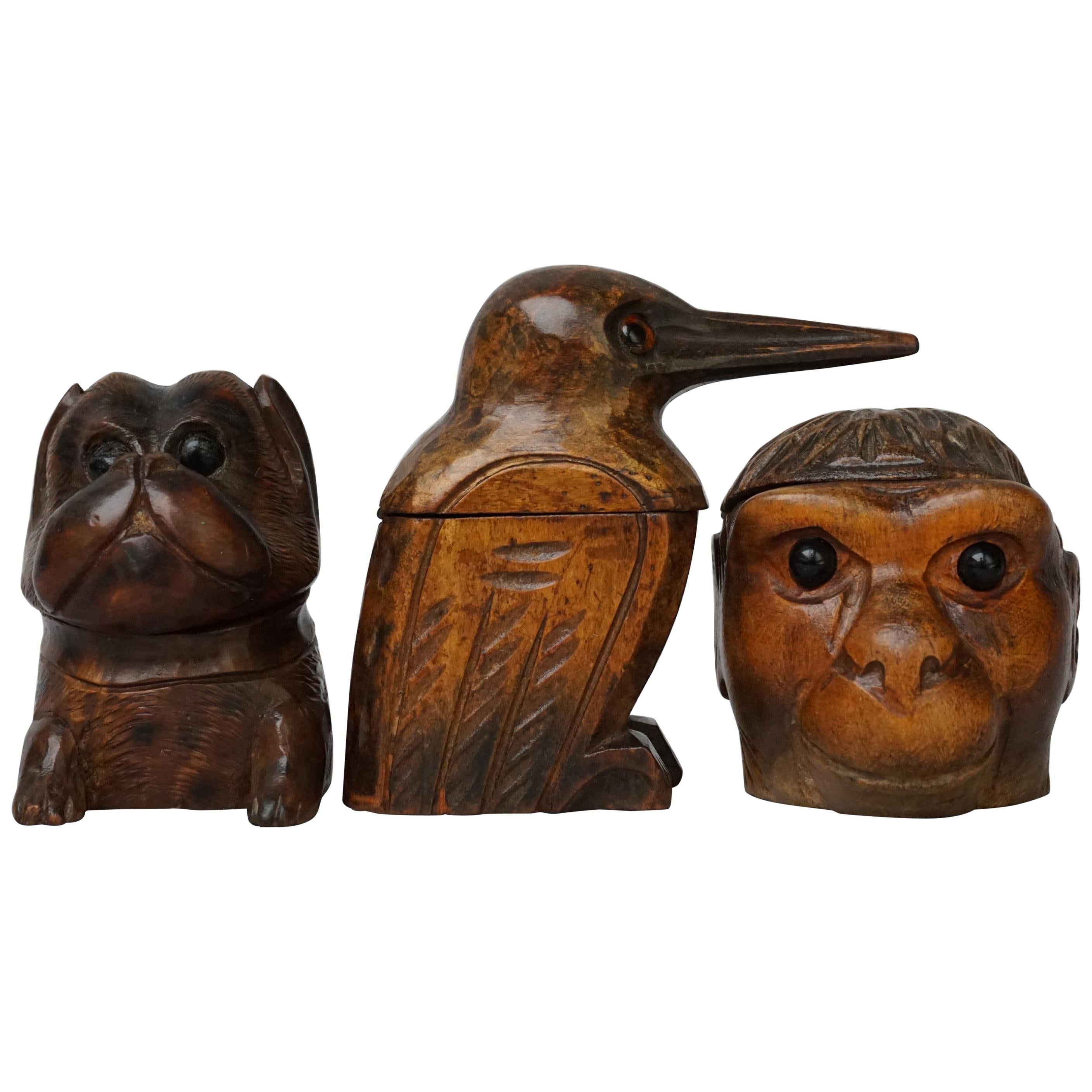 Three 19th Century Black Forest Carved Walnut Inkwells Monkey Kingfisher Bulldog For Sale