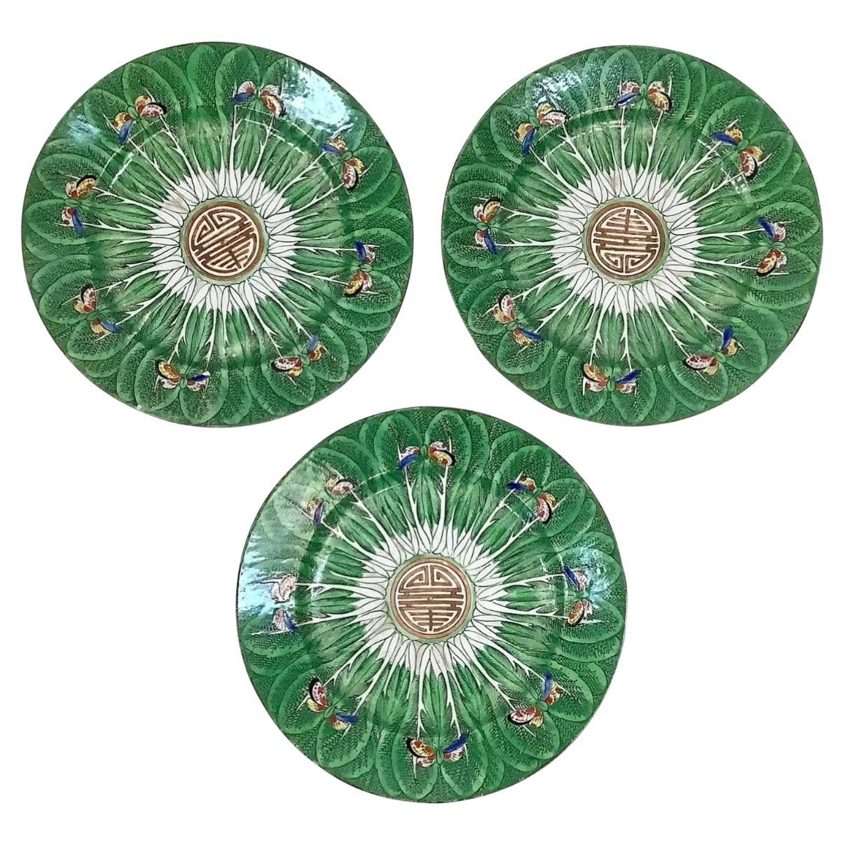 Three 19th Century Chinese Export Porcelain Cabbage Leaf Butterfly Plate