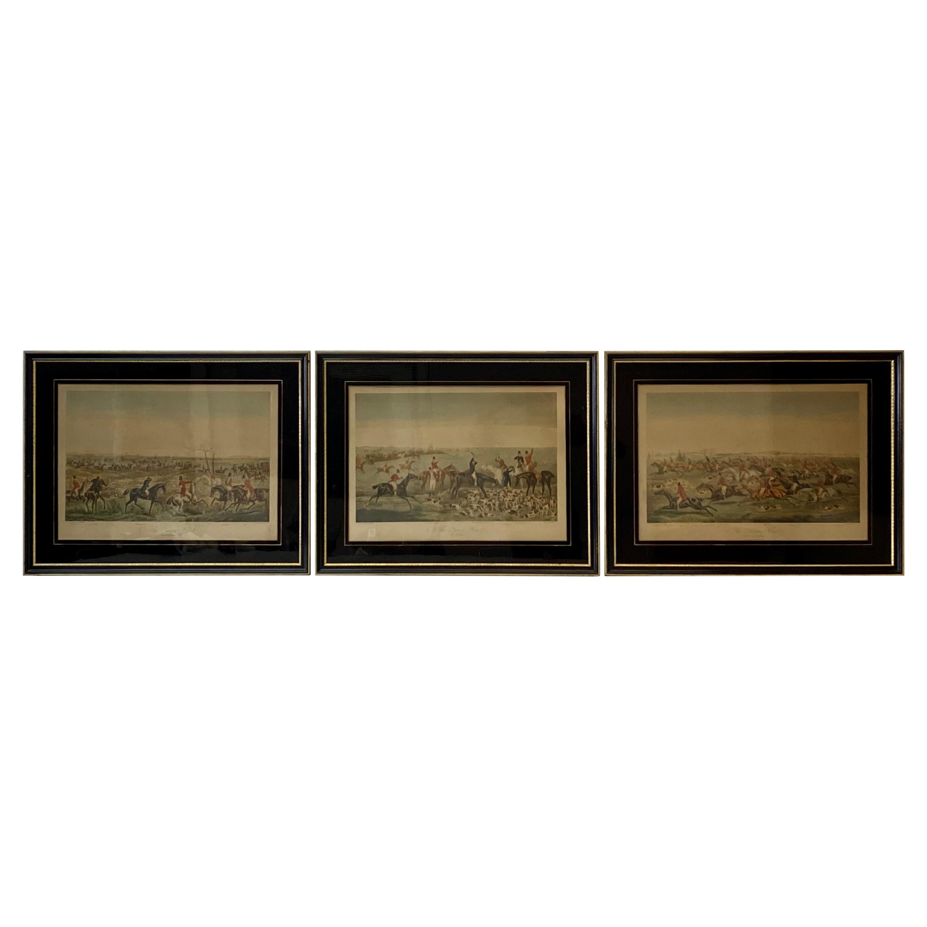 Three 19th Century Equestrian / Fox Hunt Hand Colored Engravings For Sale