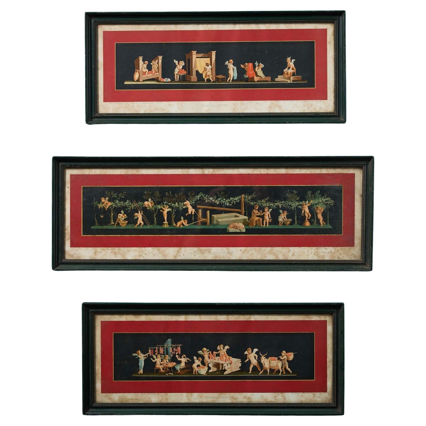 Trois lithographies colorées à la main de Geramia Discanno du XIXe siècle représentant Pompéi