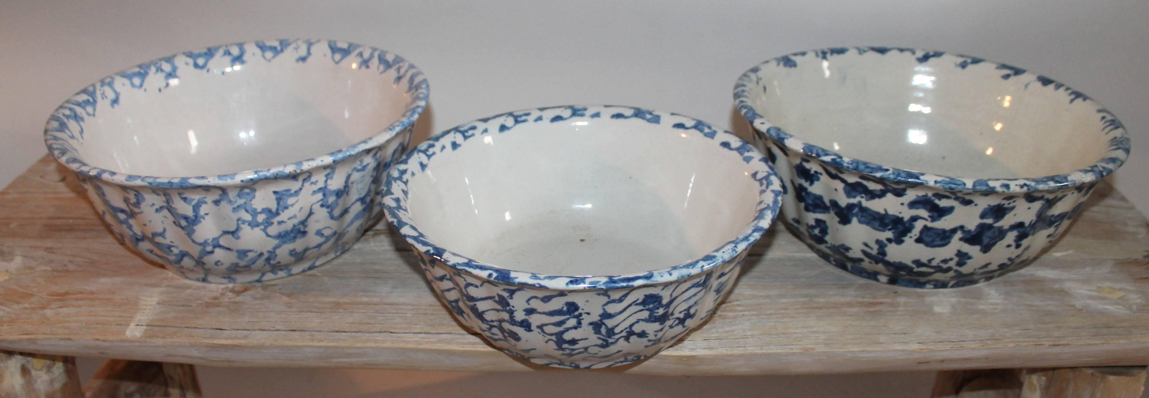 Other Three 19th Century Sponge Ware Pottery Scalloped Bowls For Sale