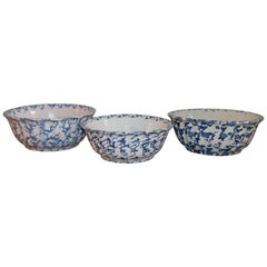 Antique Three 19th Century Sponge Ware Pottery Scalloped Bowls