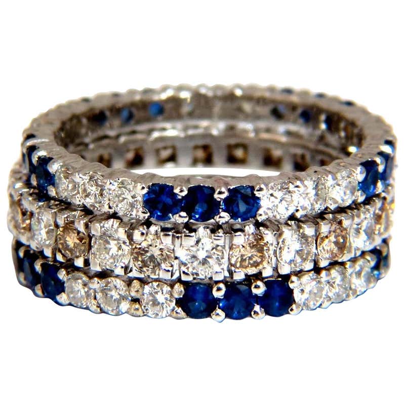Three 3.20ct stackable natural blue sapphires and fancy color diamonds ...