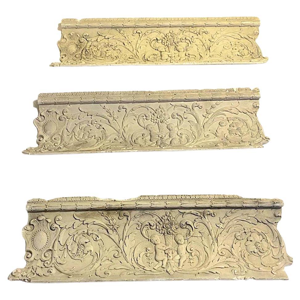 Three 4' intricate interlocking plaster crown molding pieces  For Sale