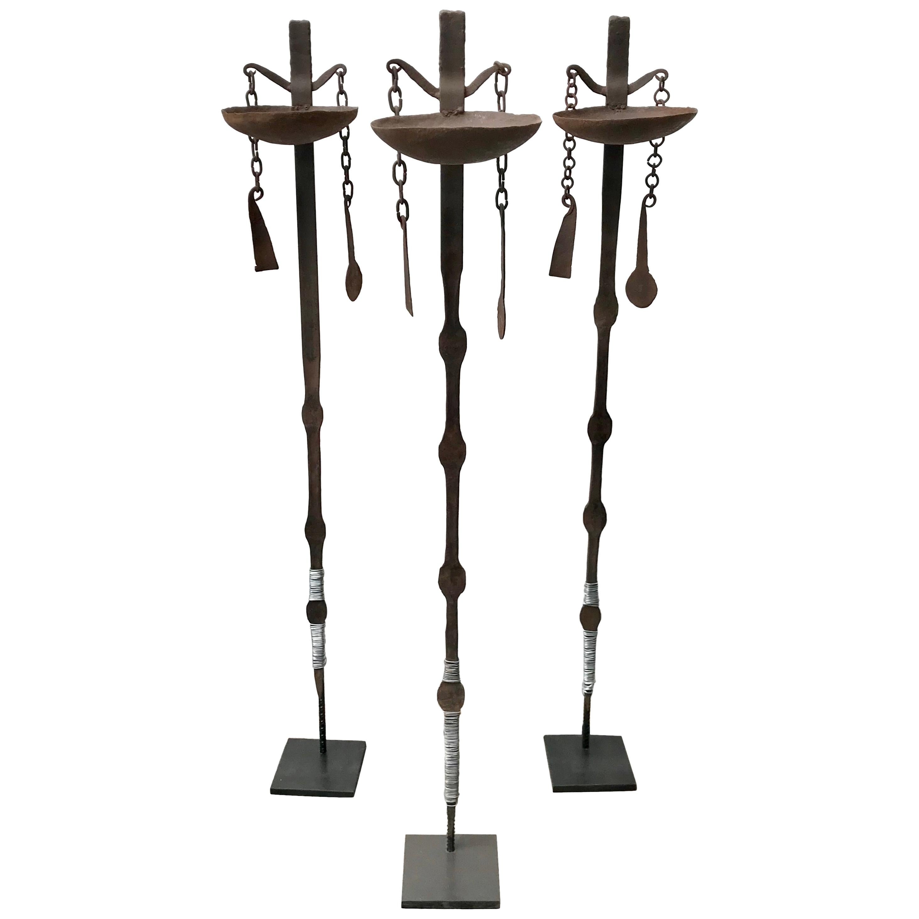 Three African Forged Iron Oil Lamps For Sale
