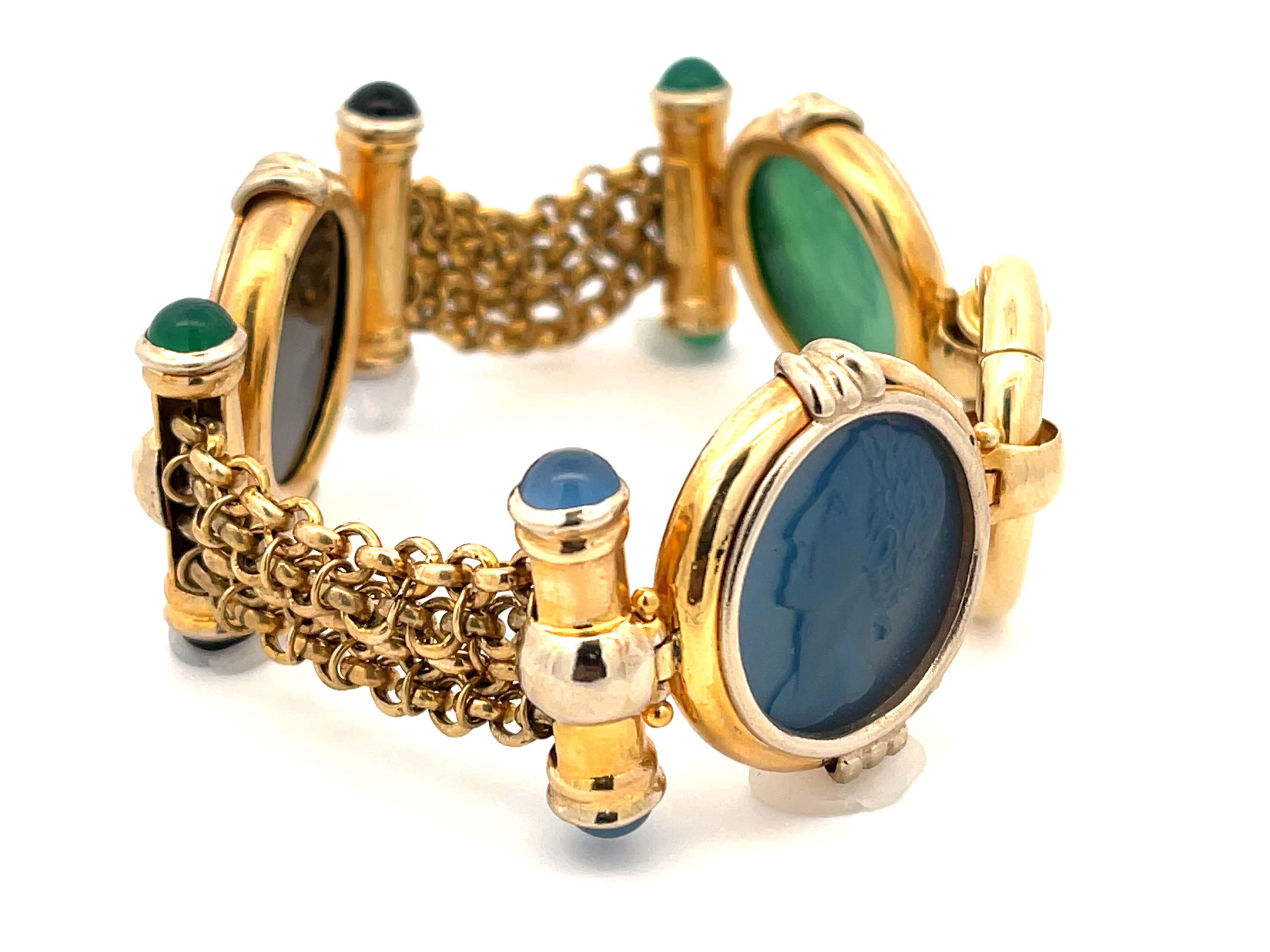 Bracelet Specifications:

Metal: 14k Yellow Gold

Gemstone: black green and blue Agate

Bracelet Length: ~8