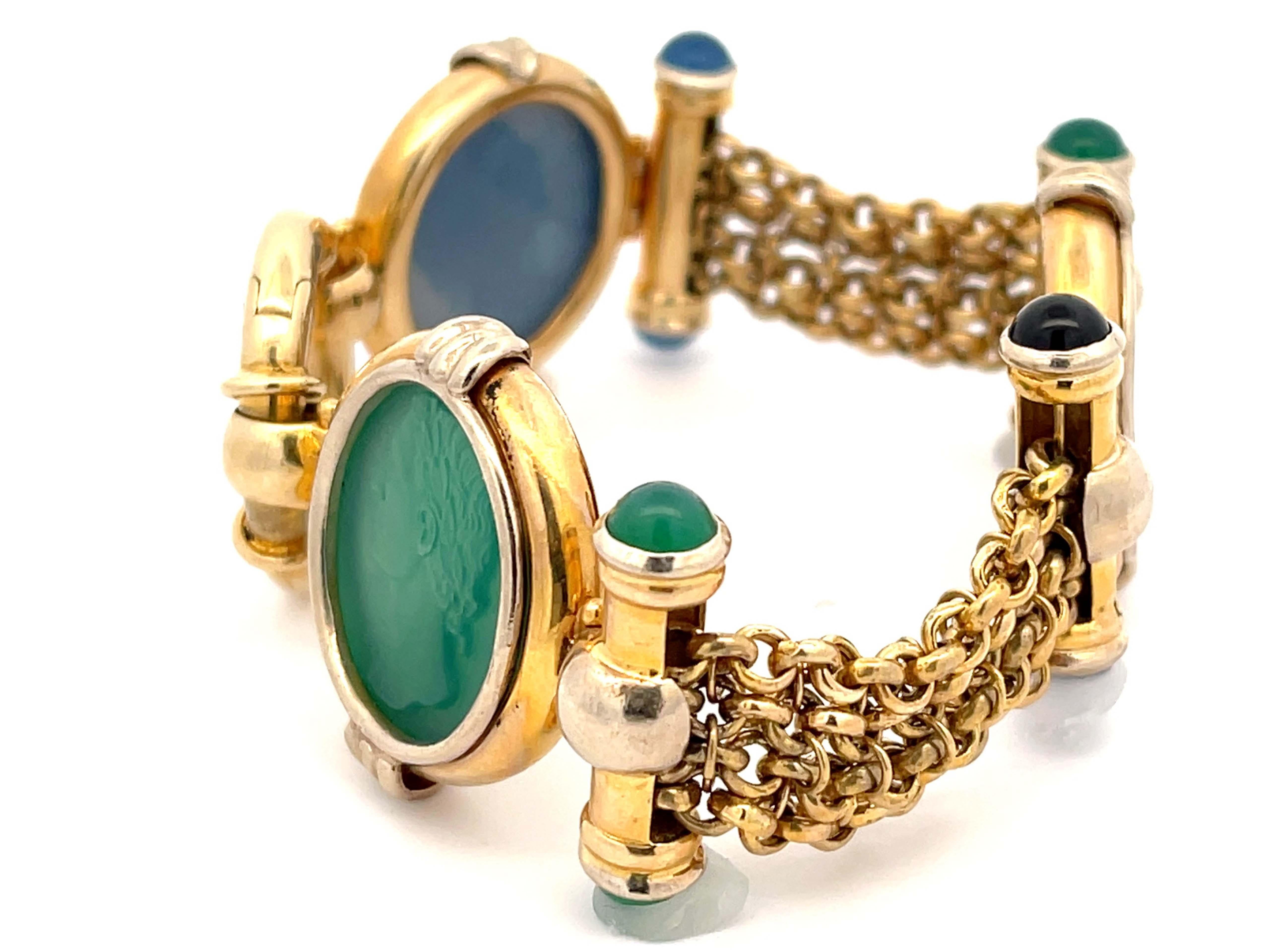 Three Agate Heads Wide Chain Link Bracelet in 14k Yellow Gold In Excellent Condition For Sale In Honolulu, HI