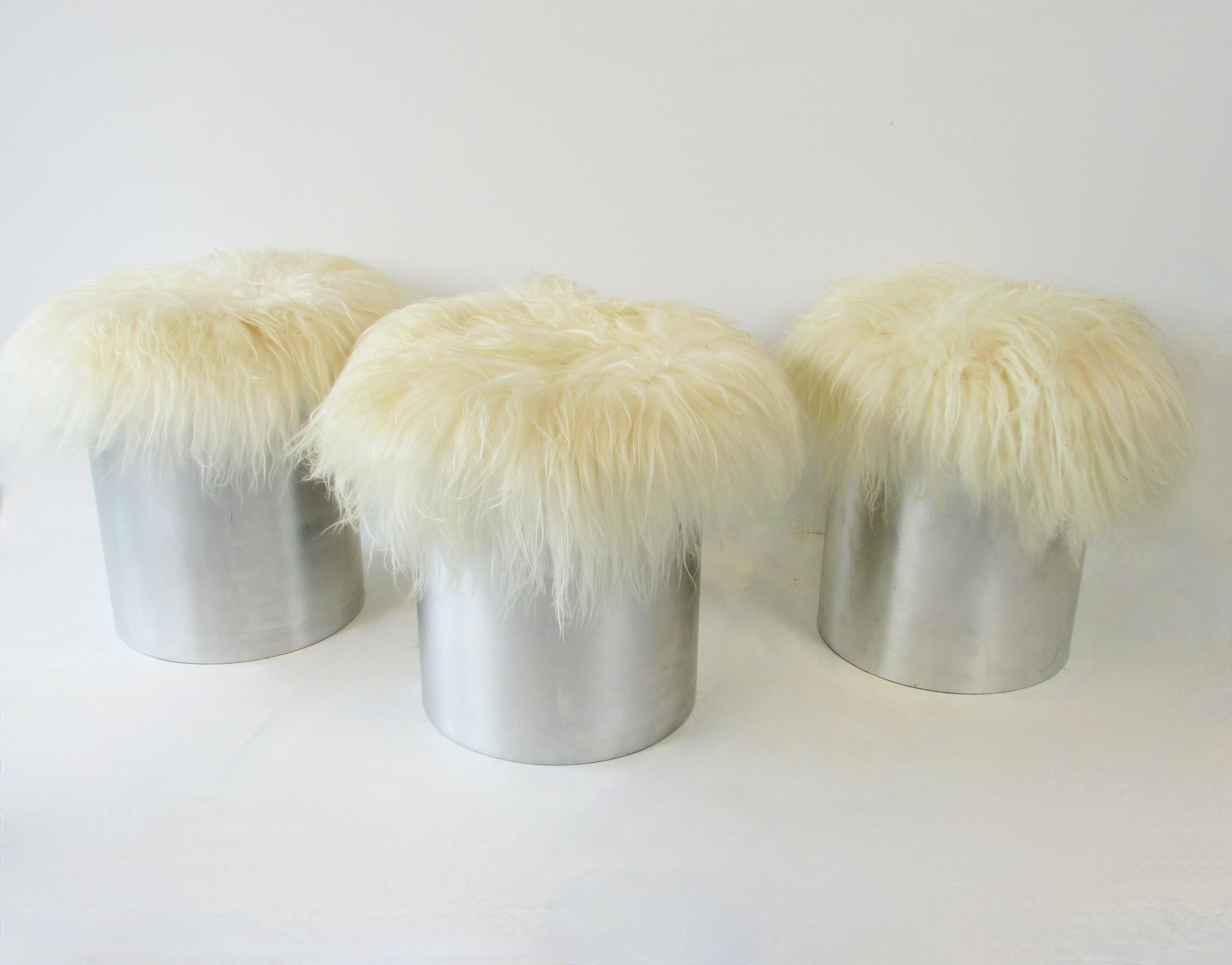 English Three Aluminum cylinder base Mongolian curly Lamb hide poufs or stools