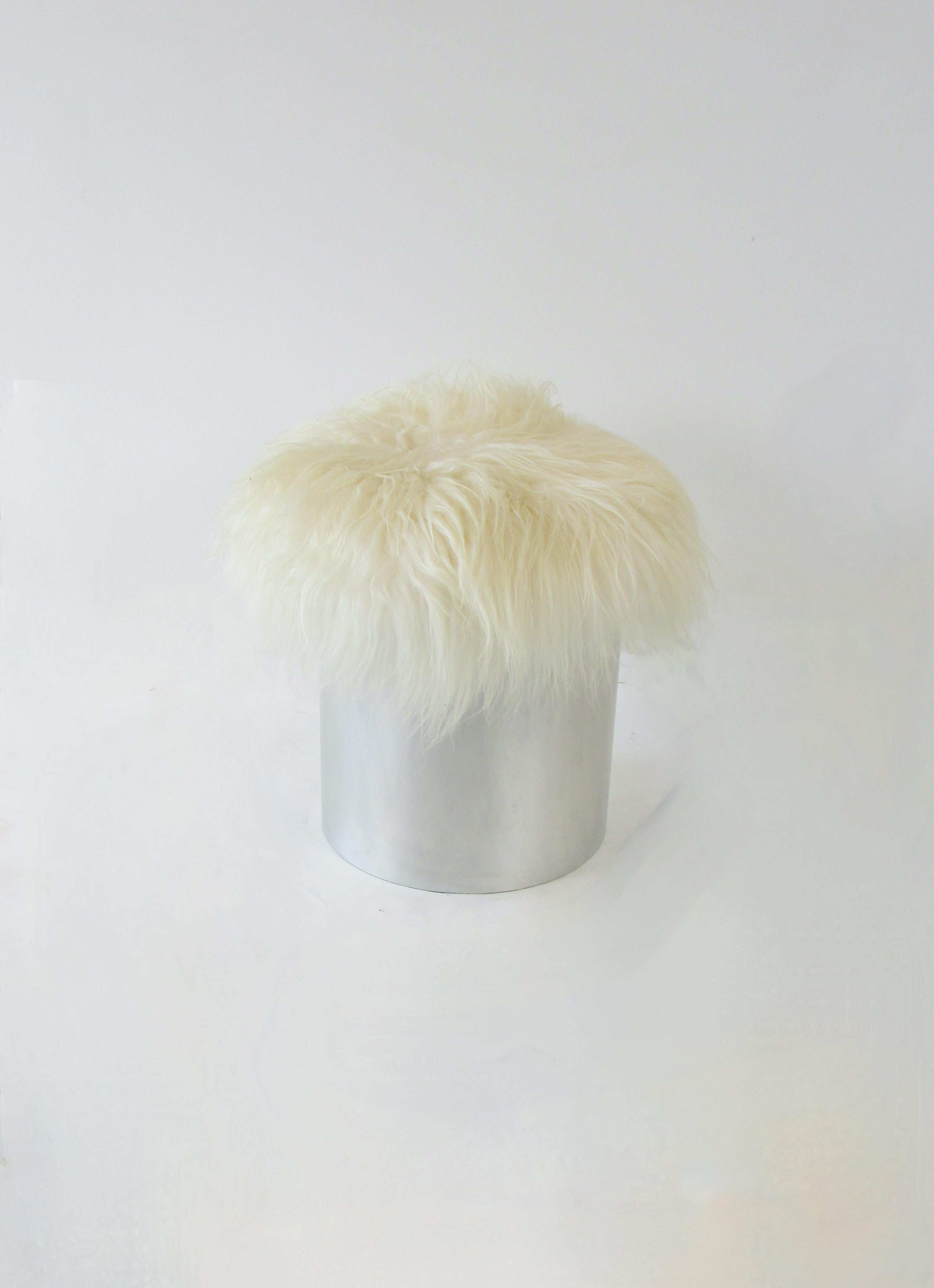 Three Aluminum cylinder base Mongolian curly Lamb hide poufs or stools 1