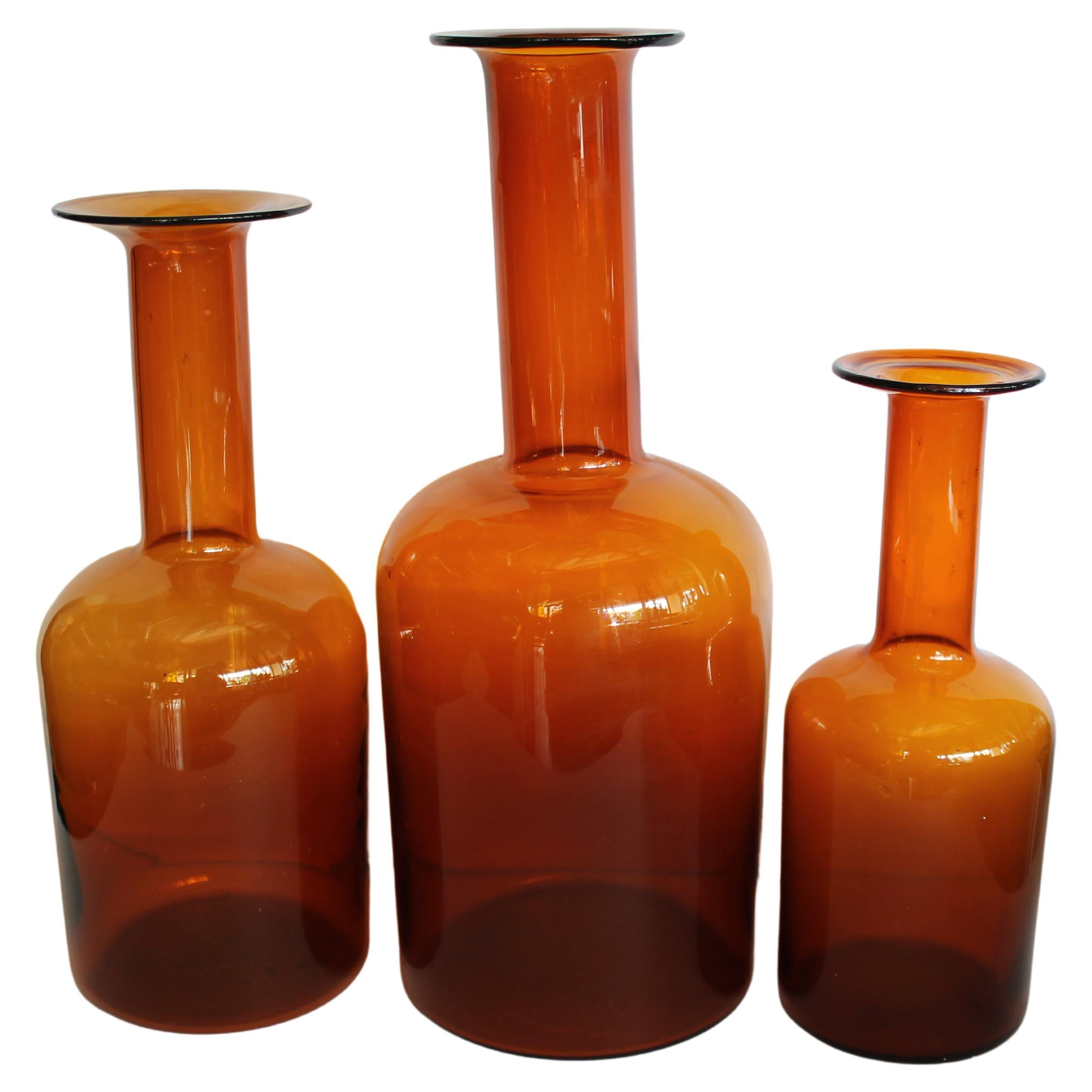 Three Amber Bottles by Otto Bauer for Holmegaard, Denmark