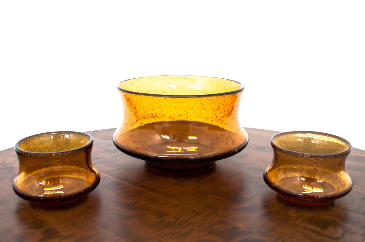 Polish Three Amber Color Glass Bowls For Sale
