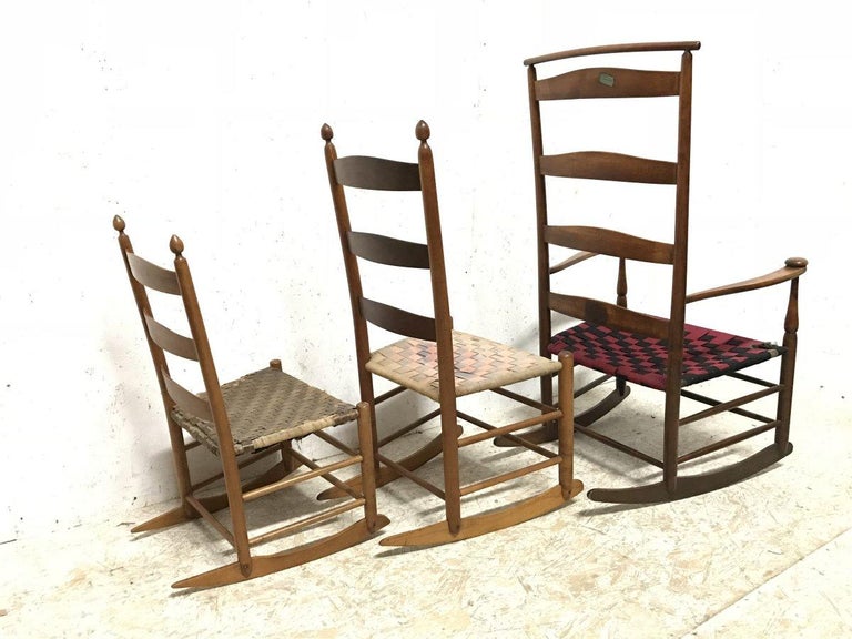 Three American Maple Shaker Ladder Back Rocking Chairs from Mt Lebanon