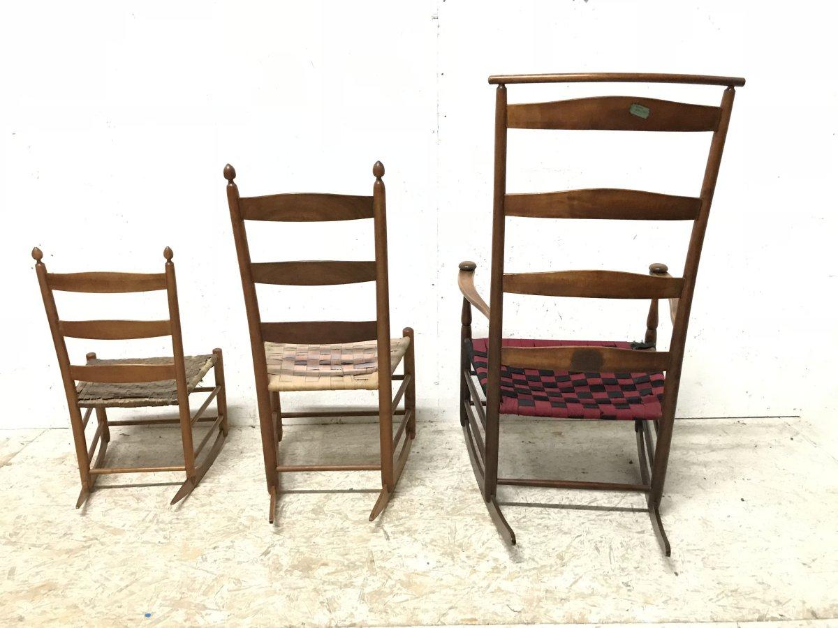 Hand-Crafted Three American Maple Shaker Ladder Back Rocking Chairs from Mt Lebanon New York.