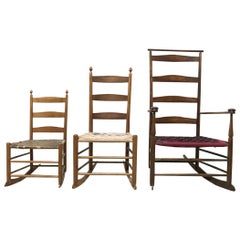 Three American Maple Shaker Ladder Back Rocking Chairs from Mt Lebanon New York.