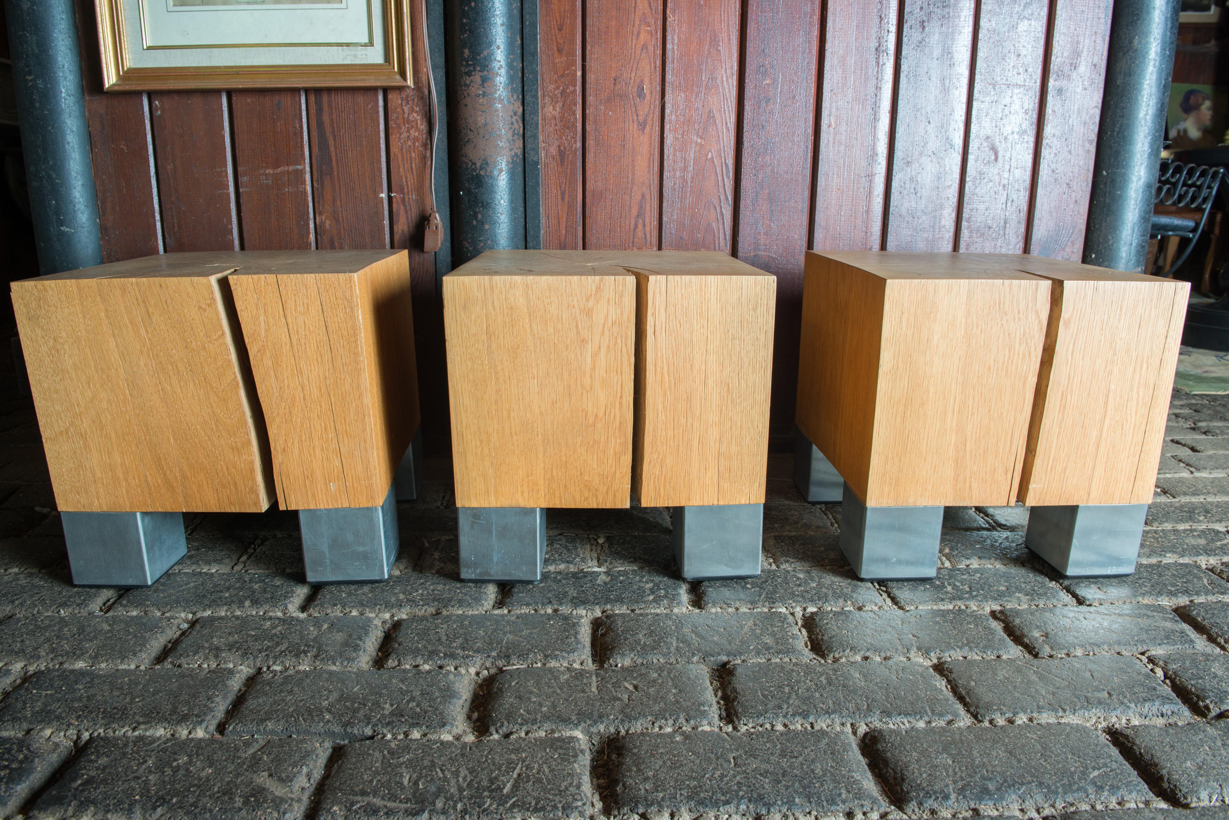 Three stunning handcrafted single solid oak cube modern tables with steel feet. Organic and natural tables.