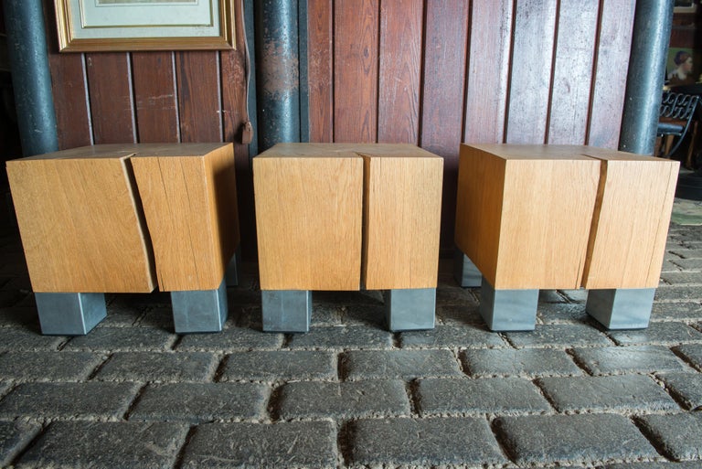 Three stunning handcrafted single solid oak cube modern tables with steel feet. Organic and natural tables.