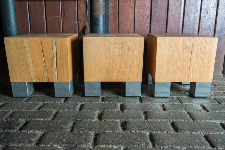 Late 20th Century Three American Studio Art Oak and Steel Coffee Tables For Sale