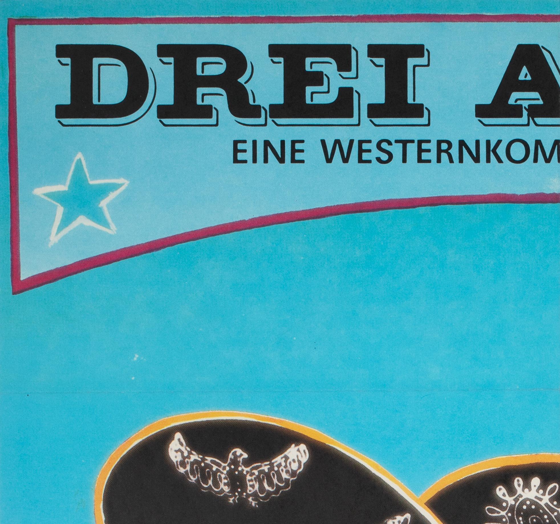 Wonderful pop design features on this original East German film poster for 80s classic comedy Three Amigos! Starring Steve Martin, Chevy Chase and Martin Short.

This original vintage movie poster is sized 22 5/8 x 32 inches. It will be sent rolled