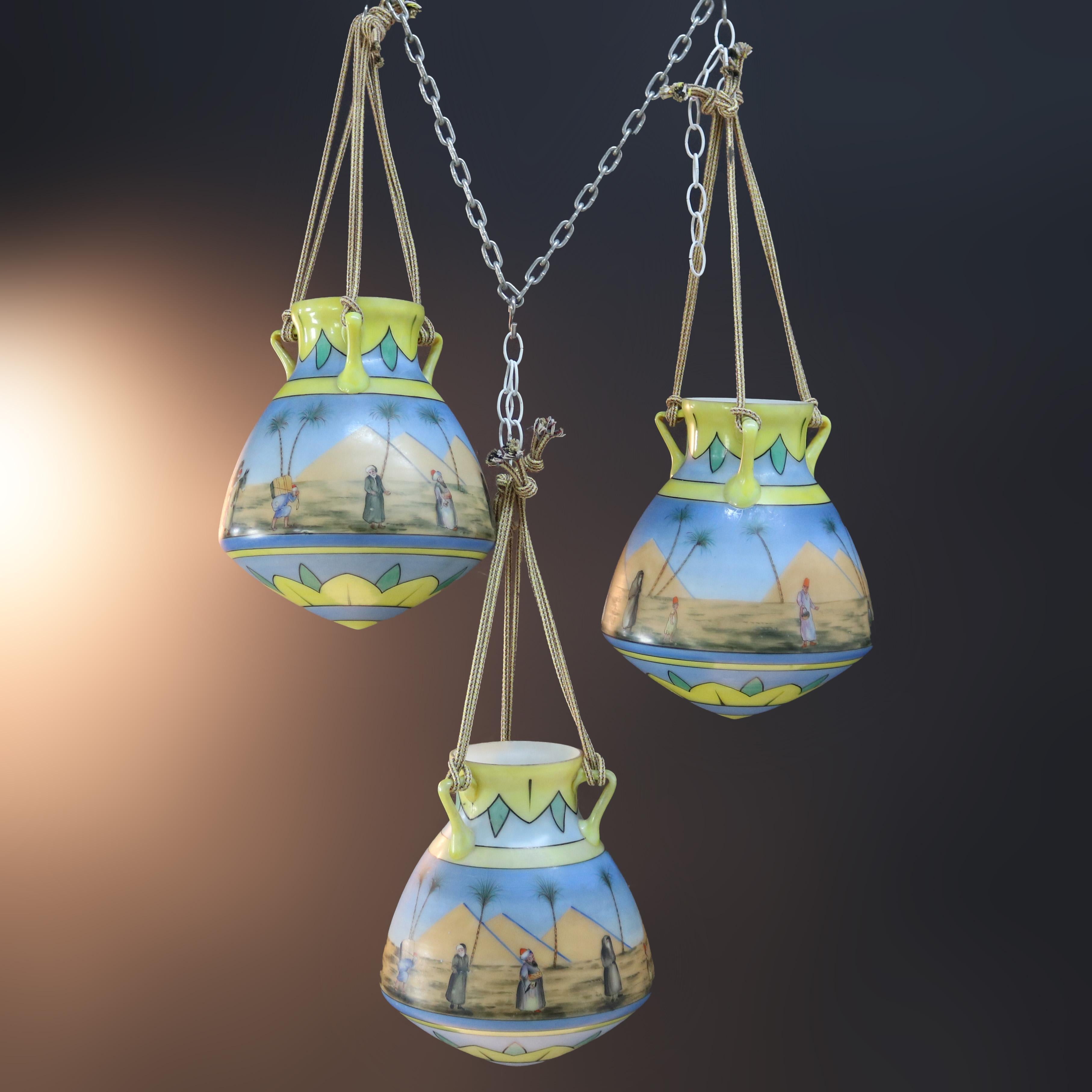 19th Century Three Amphora Egyptian Revival Hand Painted Opaline Glass Hanging Planters C1890