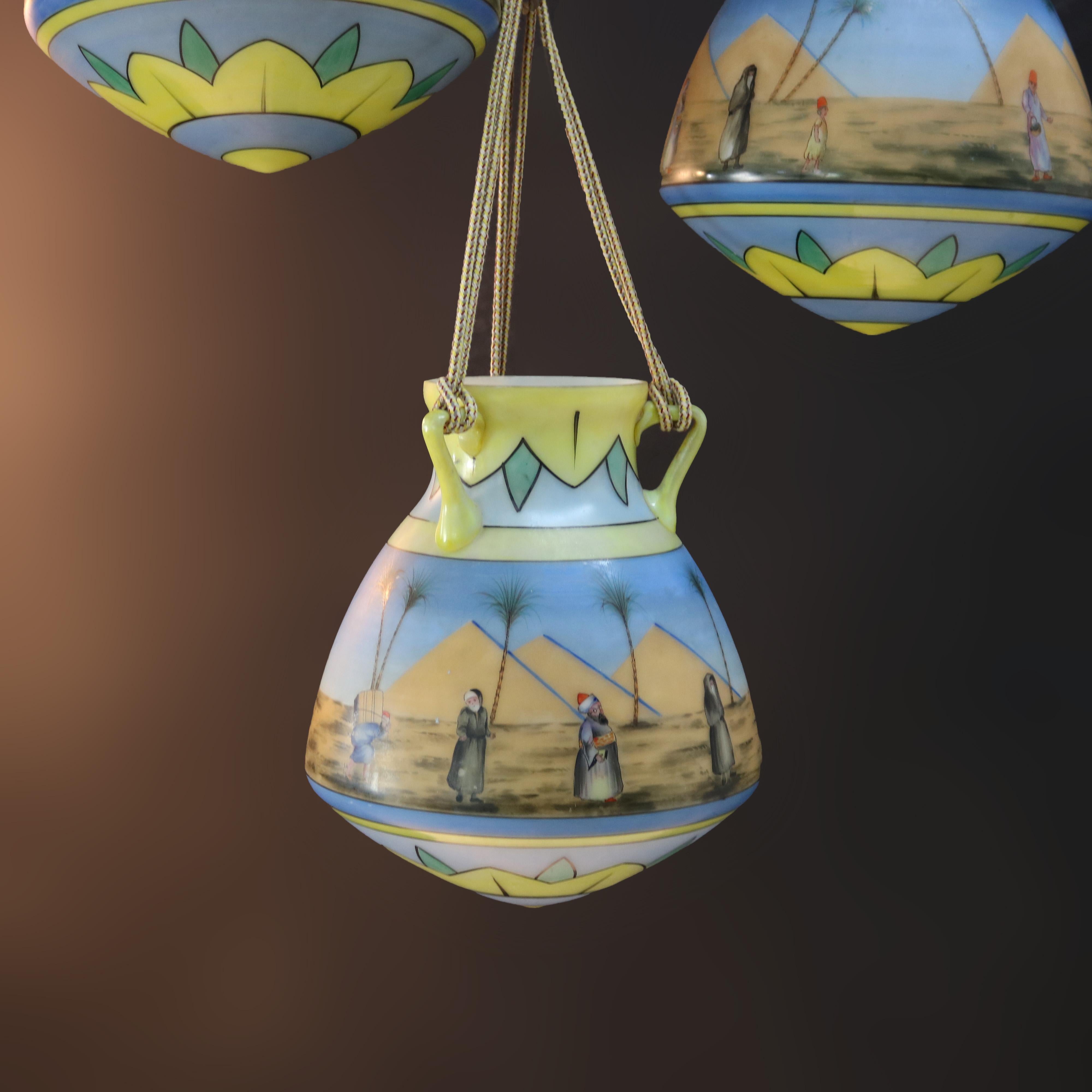 Three Amphora Egyptian Revival Hand Painted Opaline Glass Hanging Planters C1890 1