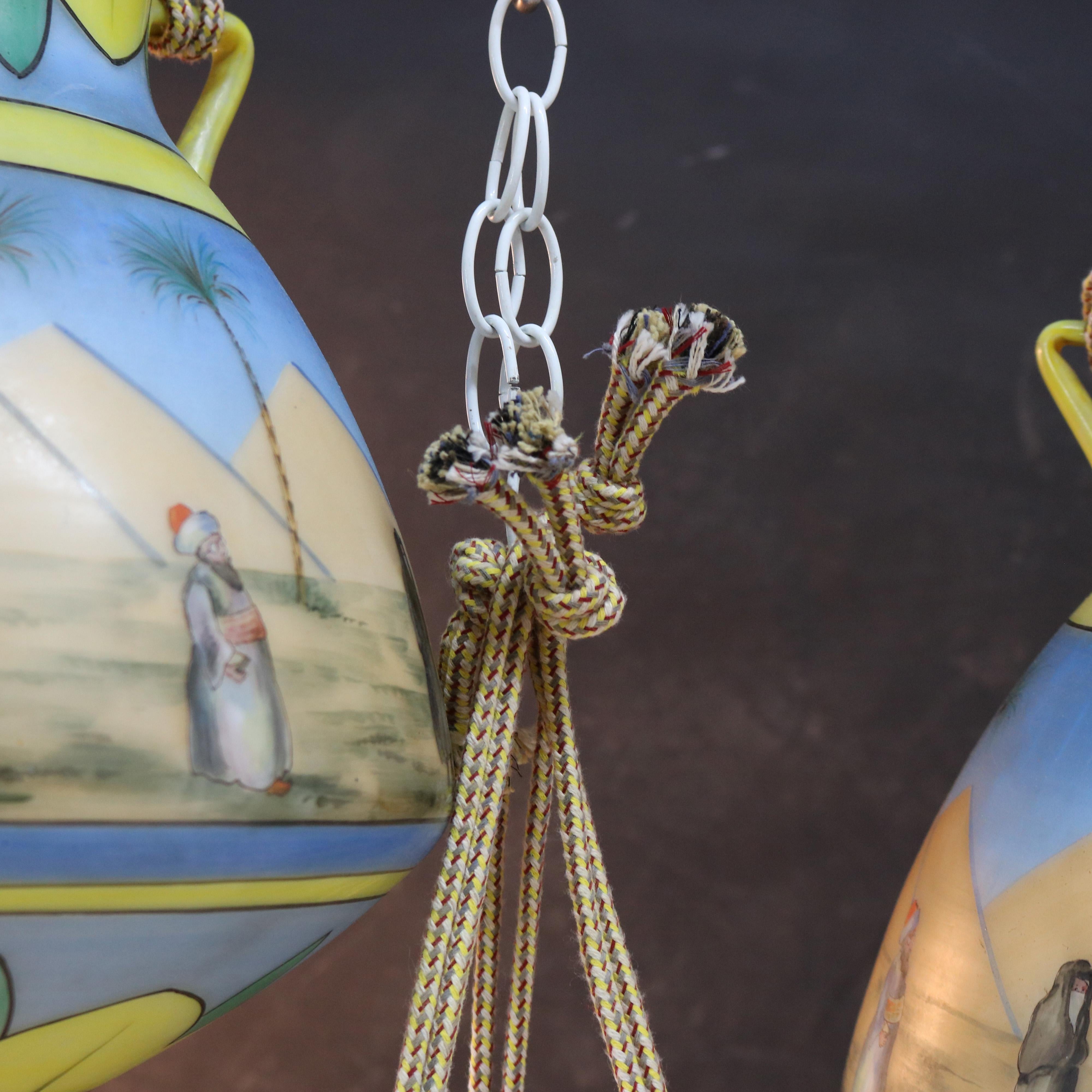Three Amphora Egyptian Revival Hand Painted Opaline Glass Hanging Planters C1890 2
