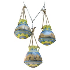 Antique Three Amphora Egyptian Revival Hand Painted Opaline Glass Hanging Planters C1890