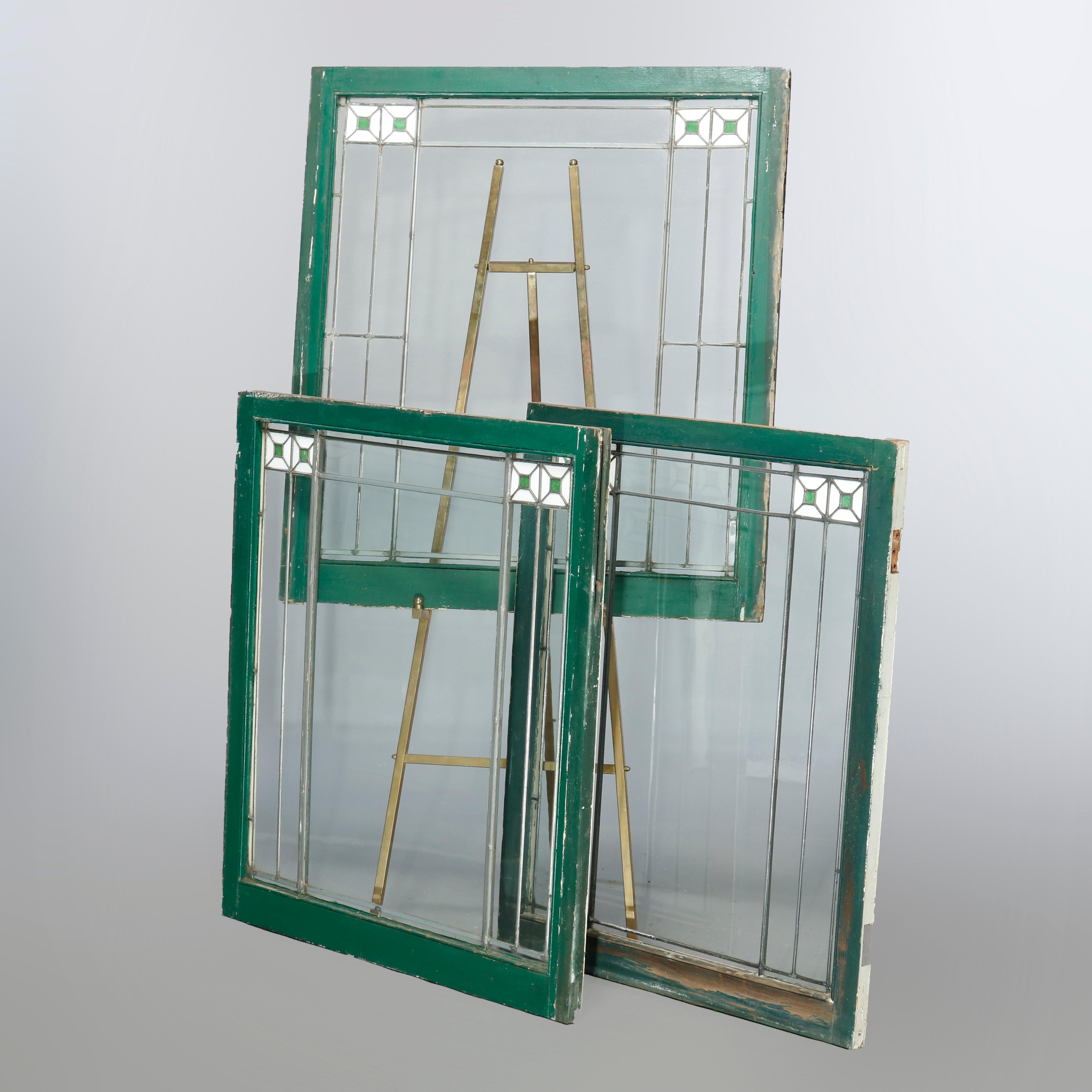 Three Antique Arts & Crafts Frank Lloyd Wright Leaded Glass Windows, c1920 1