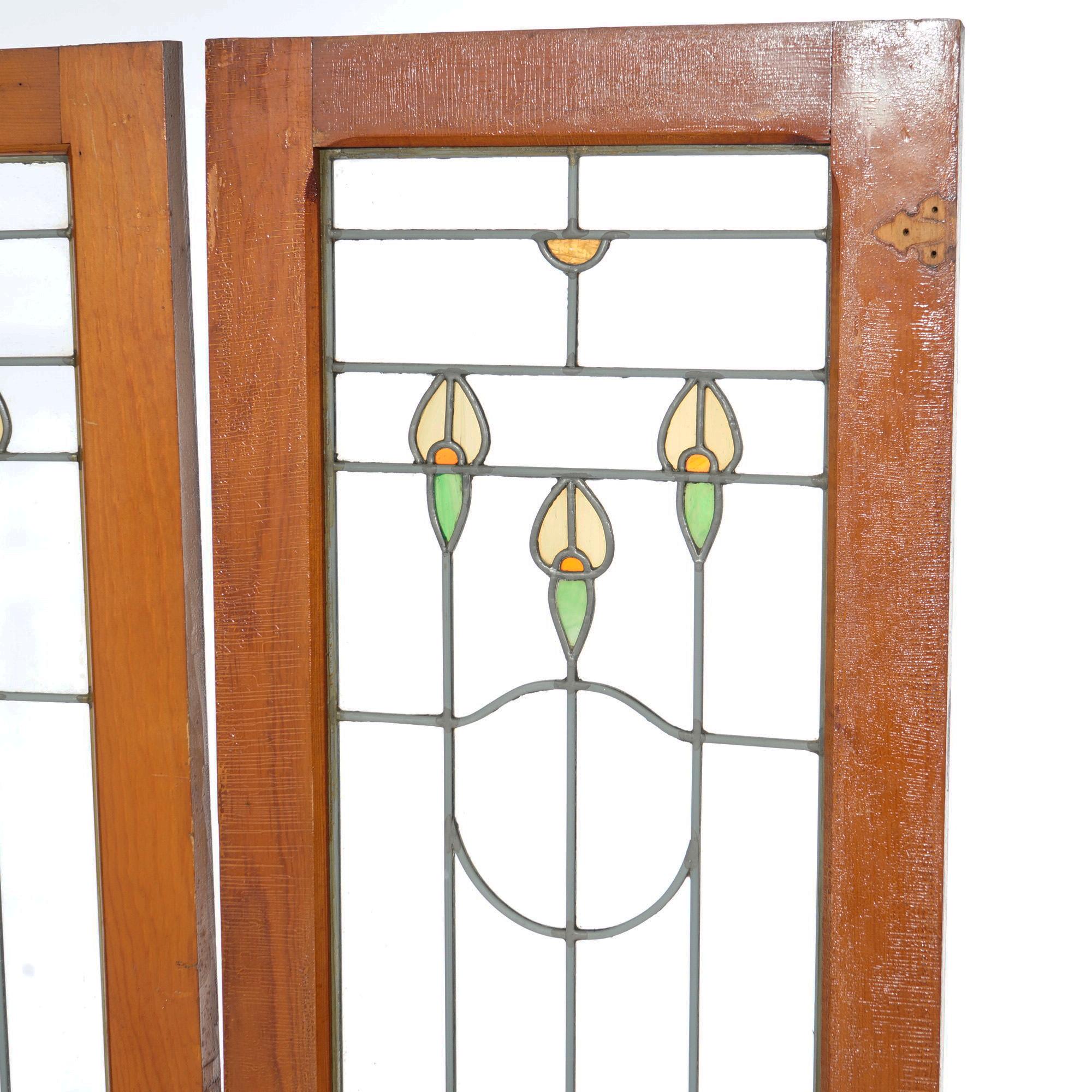 Three Antique Arts & Crafts Leaded Glass Panels with Stylized Flowers, c1910 4