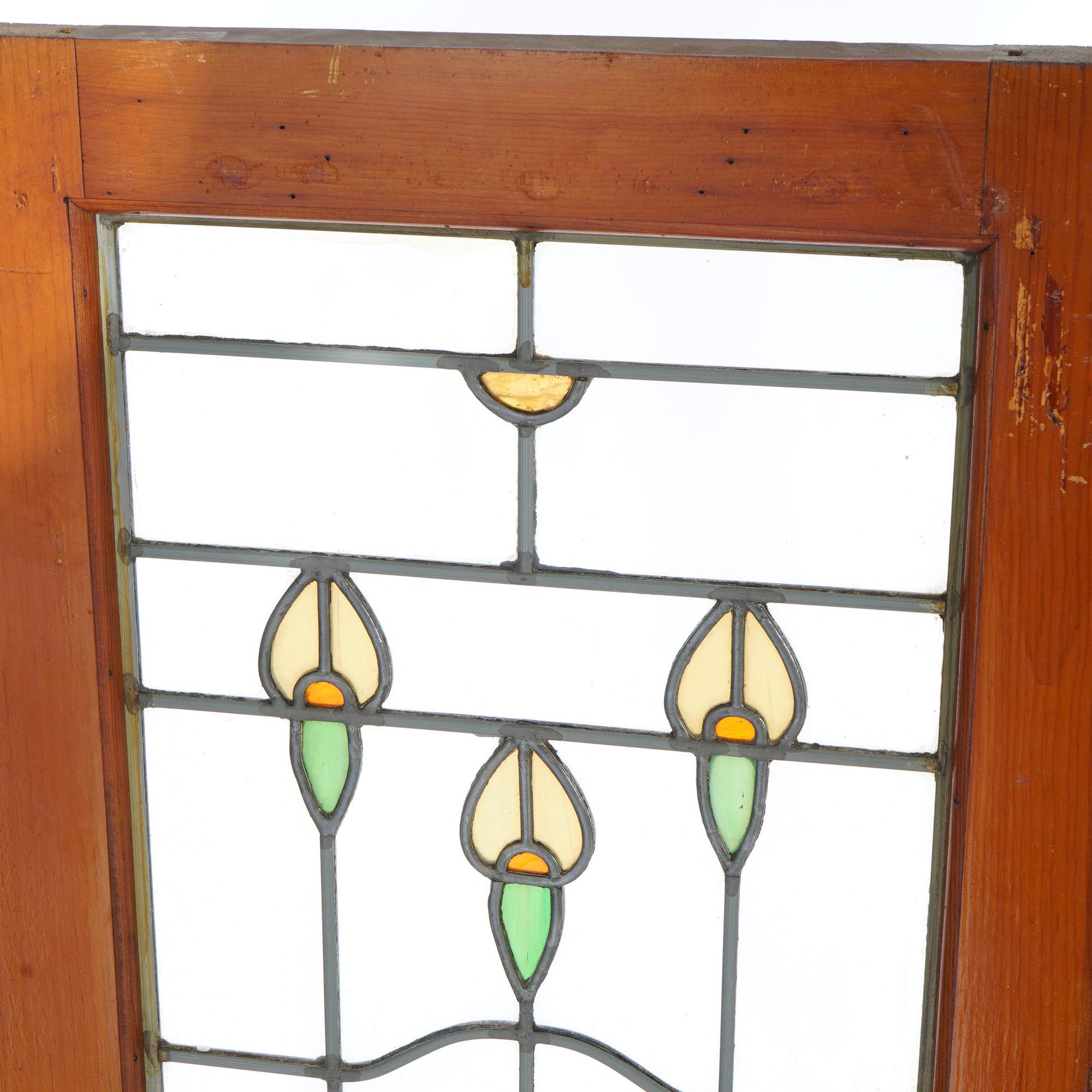 Three Antique Arts & Crafts Leaded Glass Panels with Stylized Flowers, c1910 5