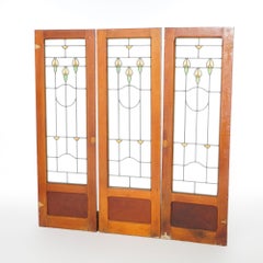 Three Antique Arts & Crafts Leaded Glass Panels with Stylized Flowers, c1910