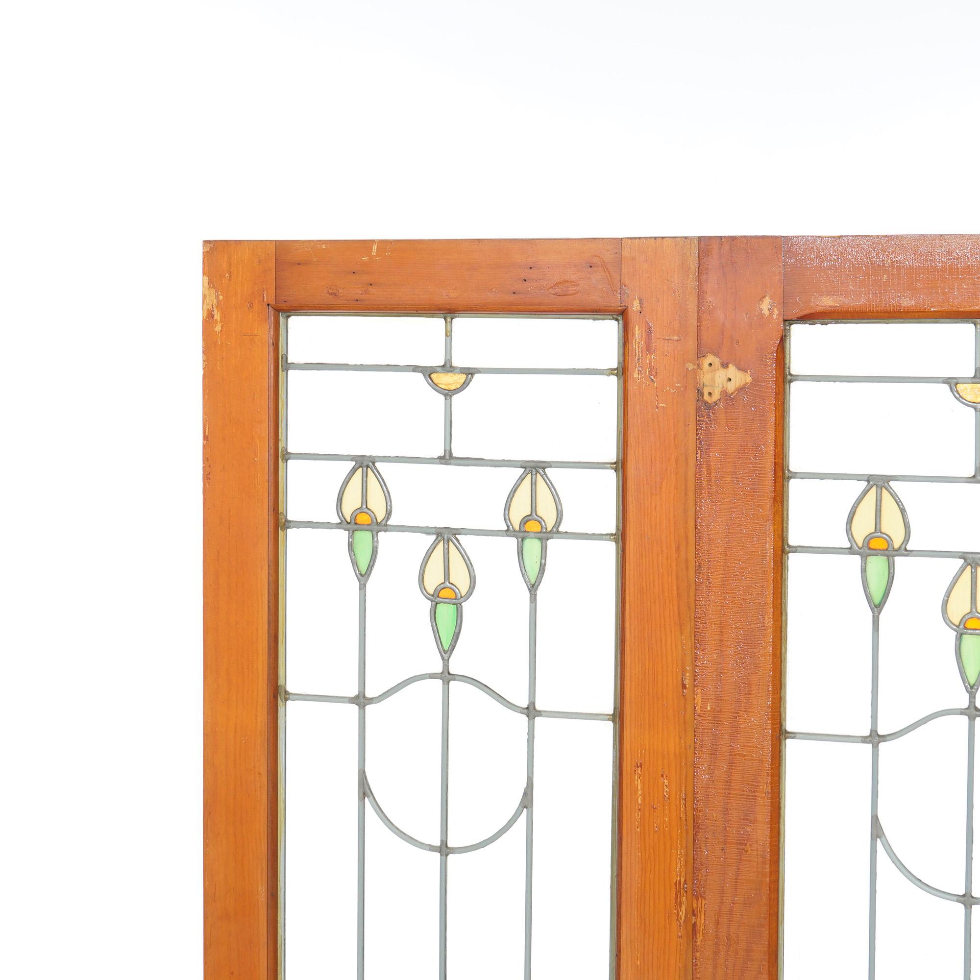 Arts and Crafts Three Antique Arts & Crafts Leaded Glass Panels with Stylized Flowers, c1910