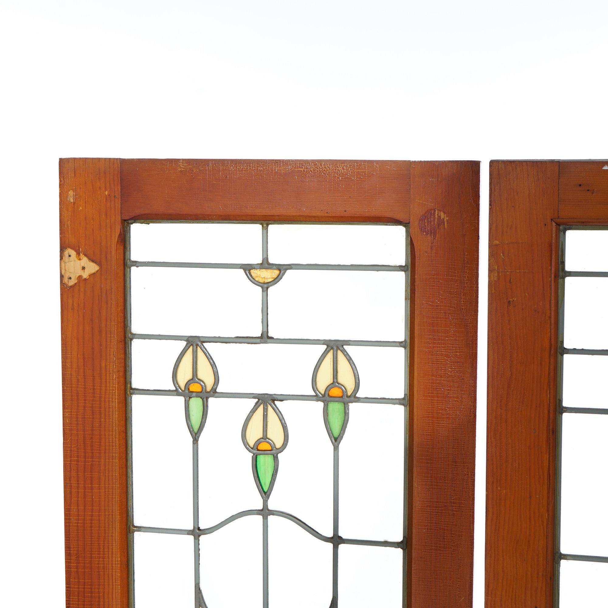 American Three Antique Arts & Crafts Leaded Glass Panels with Stylized Flowers, c1910