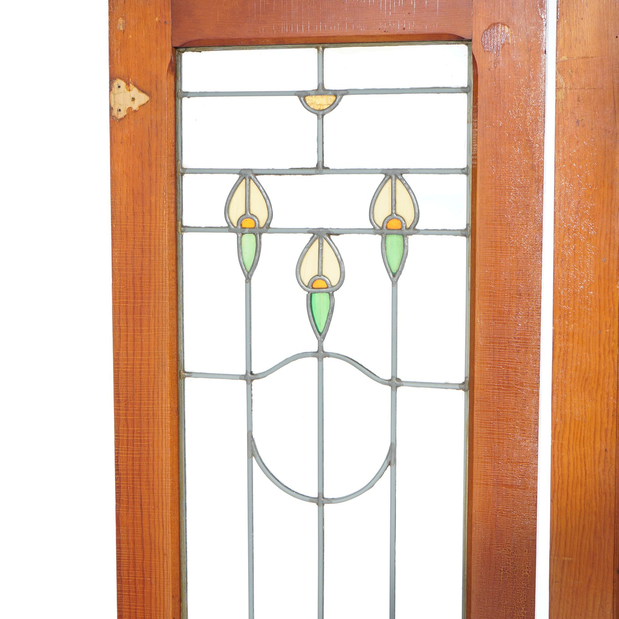 20th Century Three Antique Arts & Crafts Leaded Glass Panels with Stylized Flowers, c1910