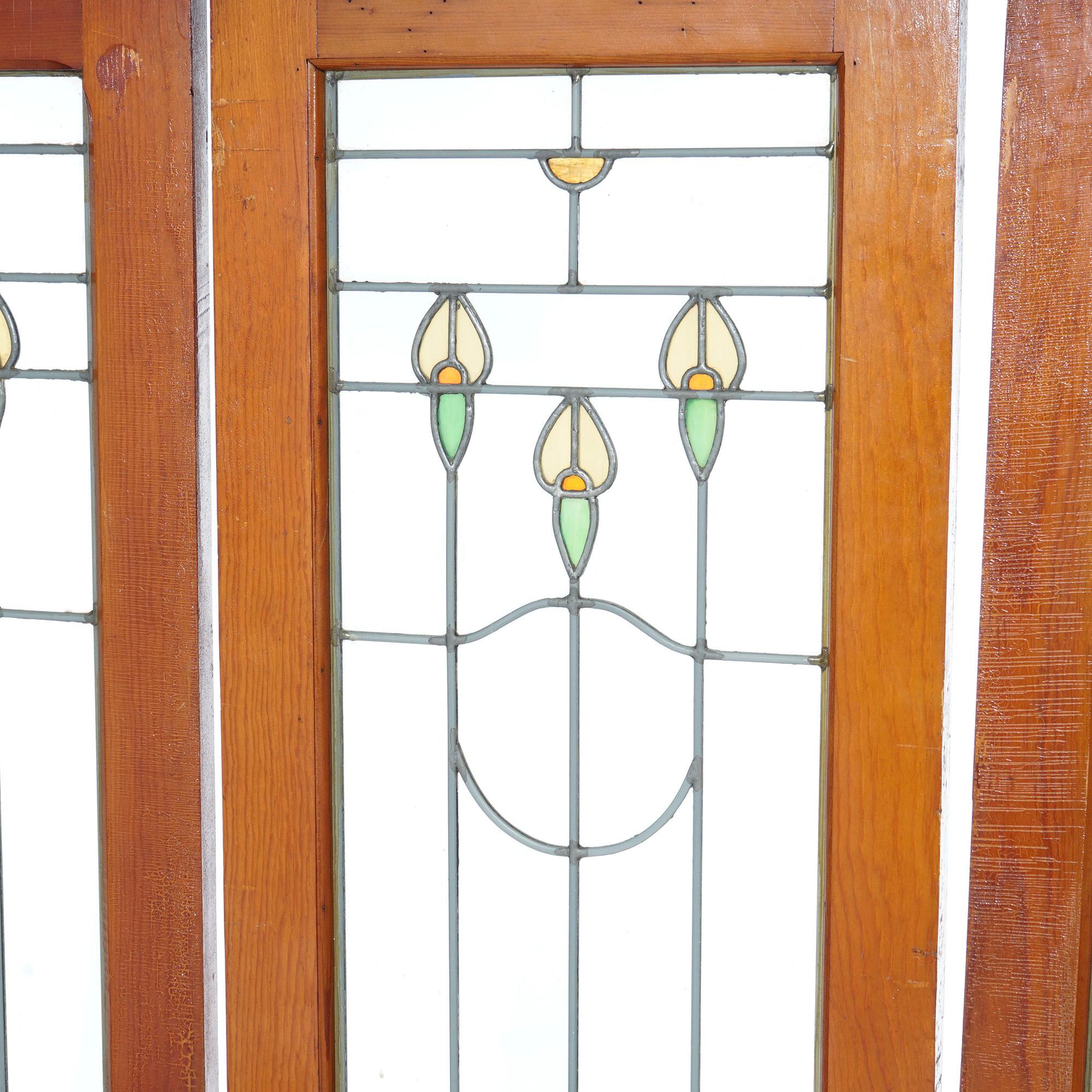 Three Antique Arts & Crafts Leaded Glass Panels with Stylized Flowers, c1910 3