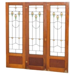 Three Antique Arts & Crafts Leaded Glass Panels with Stylized Flowers, c1910