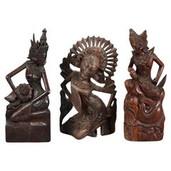 Three Antique Balinese Hand Carved Hardwood Dancer Figures C1920
