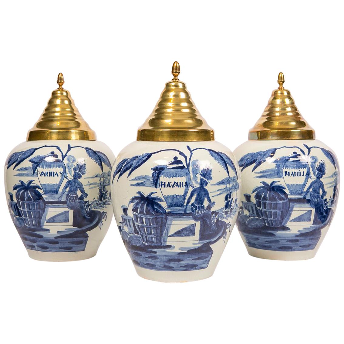 Three Antique Blue and White Delft Tobacco Jars