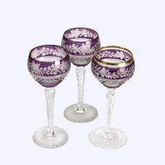 Three Antique Bohemian Amethyst Floral Cut To Clear Crystal Stemmed Wine Goblets