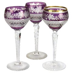 Three Antique Bohemian Amethyst Floral Cut To Clear Crystal Stemmed Wine Goblets