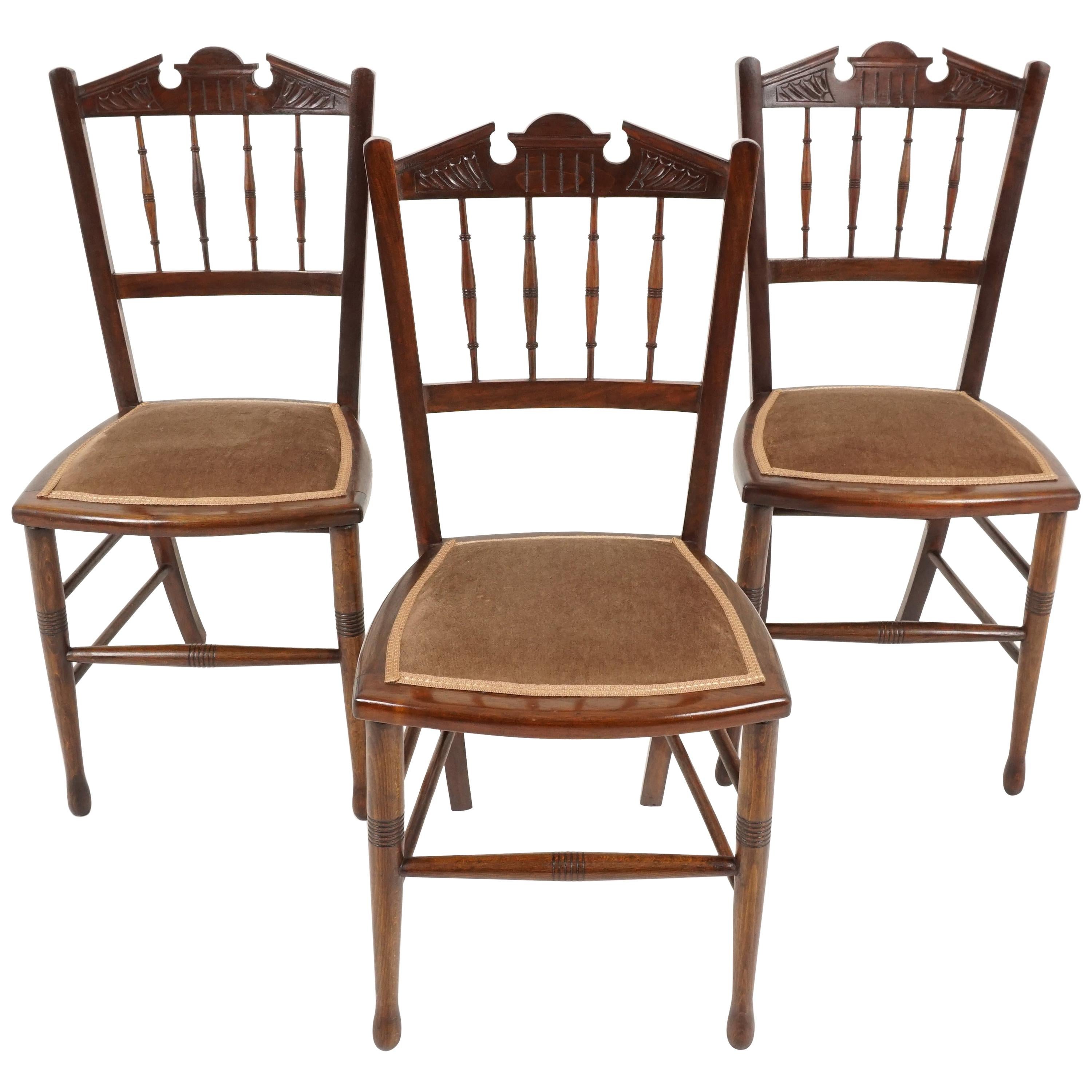 Three Antique Chairs, Walnut Upholstered Bedroom Chairs, Scotland 1900, B2227