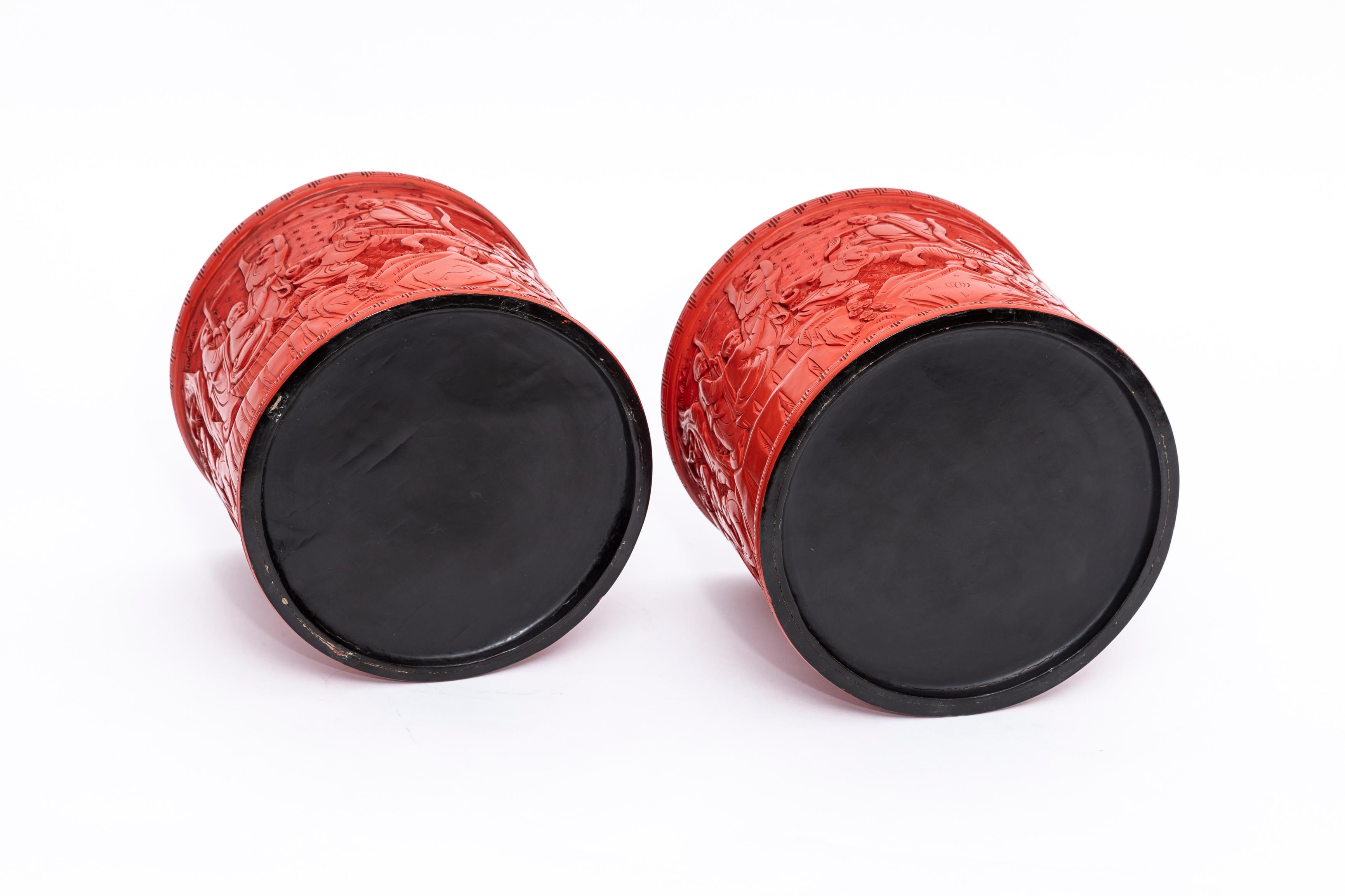 Three Antique Chinese Cinnabar Lacquer Vases with Gorgeous Chinese Carvings For Sale 5