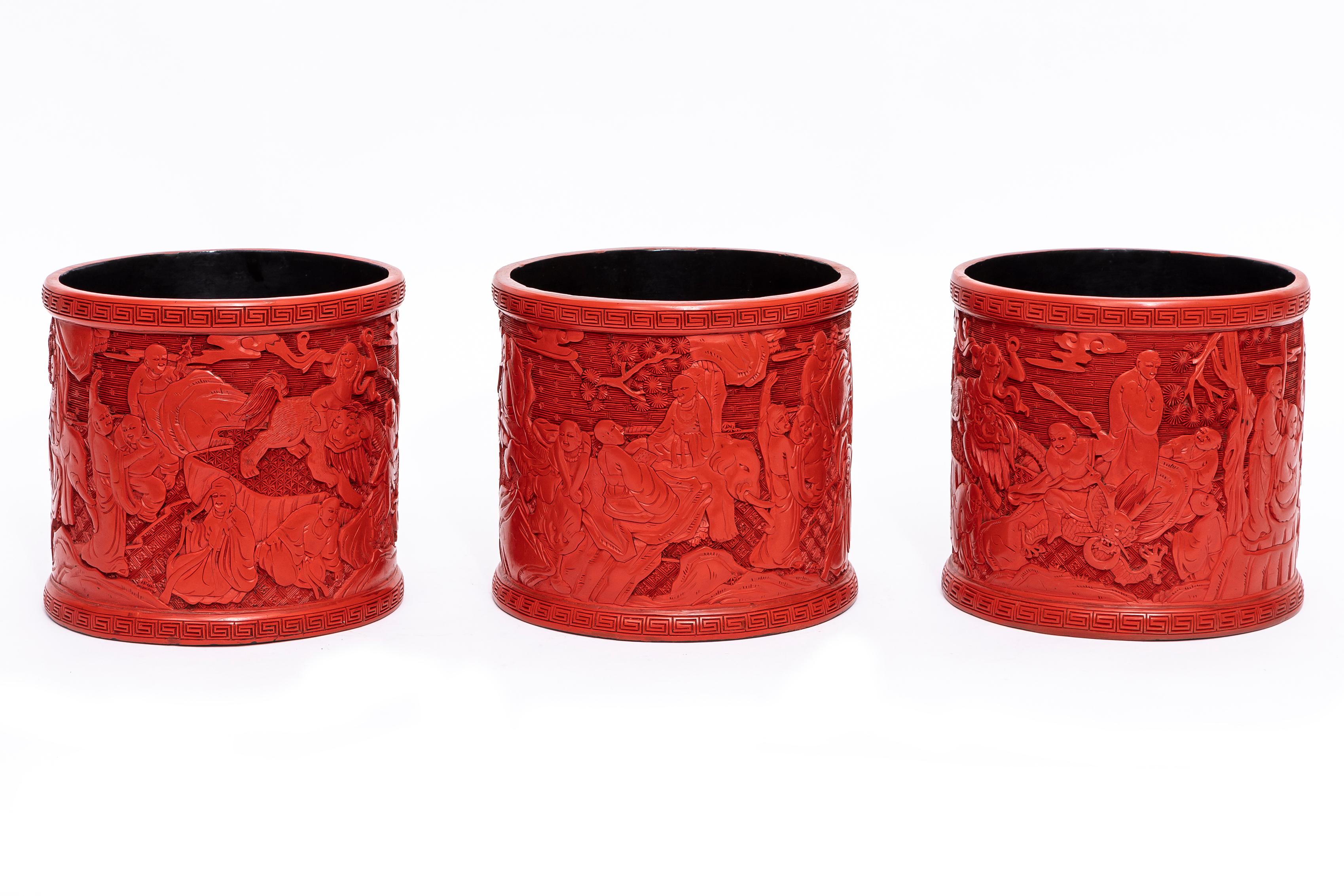 Chinese Export Three Antique Chinese Cinnabar Lacquer Vases with Gorgeous Chinese Carvings For Sale
