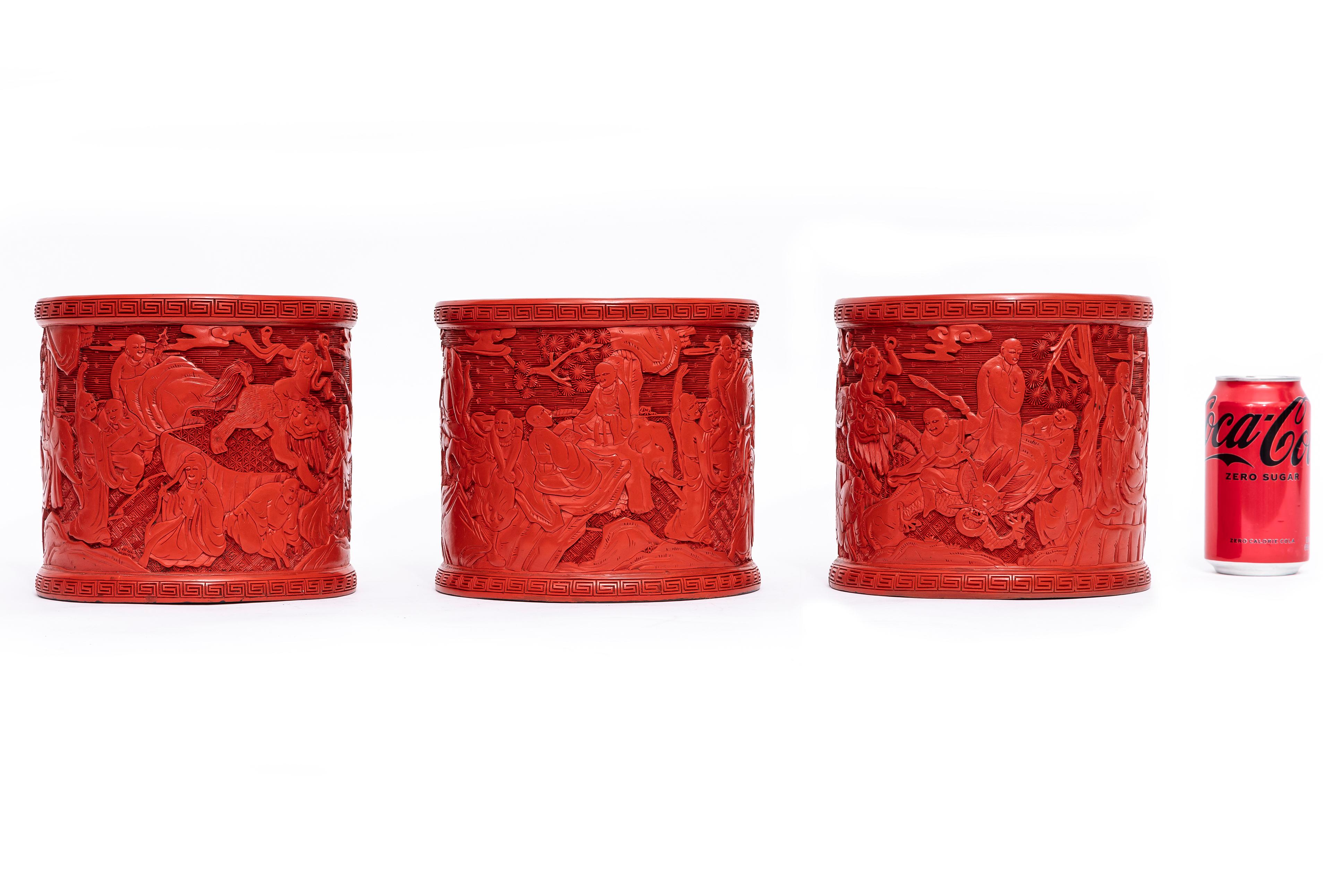 Lacquered Three Antique Chinese Cinnabar Lacquer Vases with Gorgeous Chinese Carvings For Sale