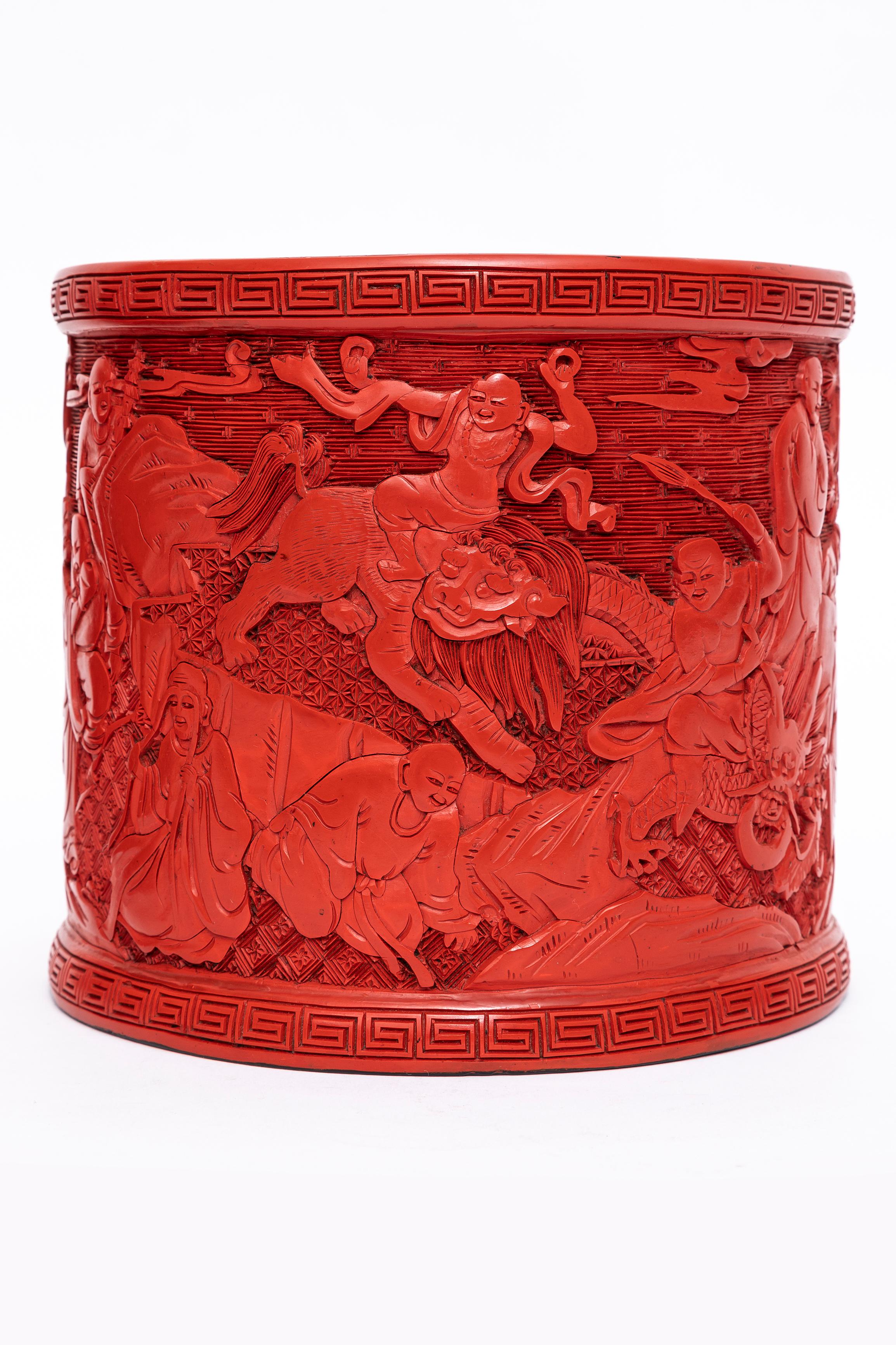 Three Antique Chinese Cinnabar Lacquer Vases with Gorgeous Chinese Carvings For Sale 1
