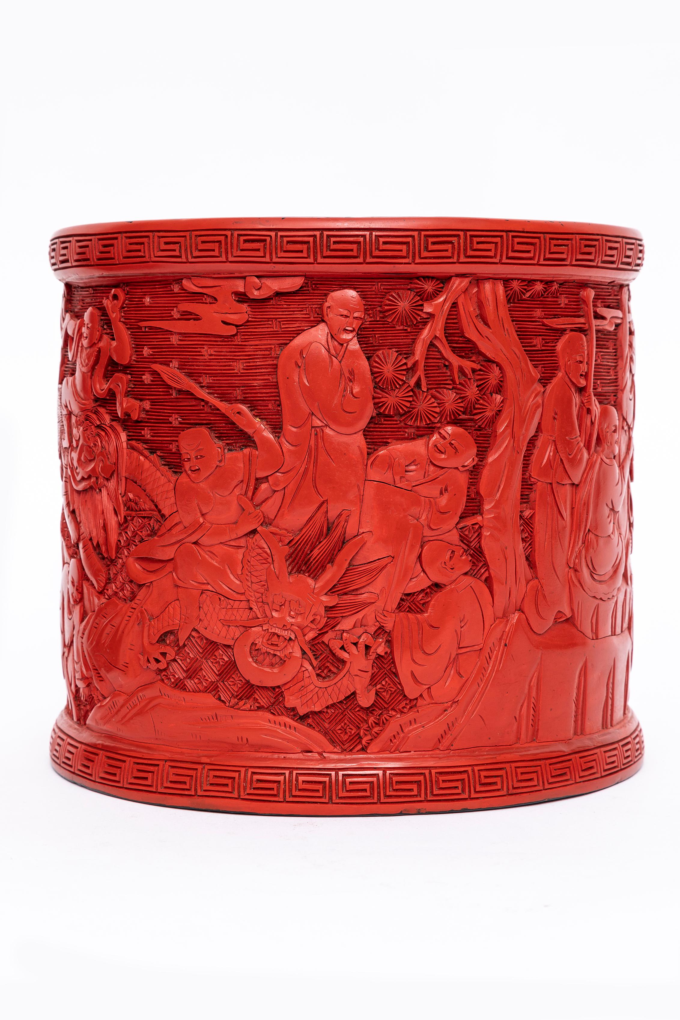 Three Antique Chinese Cinnabar Lacquer Vases with Gorgeous Chinese Carvings For Sale 2