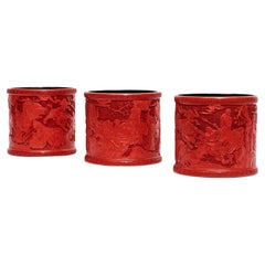 Three Antique Chinese Cinnabar Lacquer Vases with Gorgeous Chinese Carvings