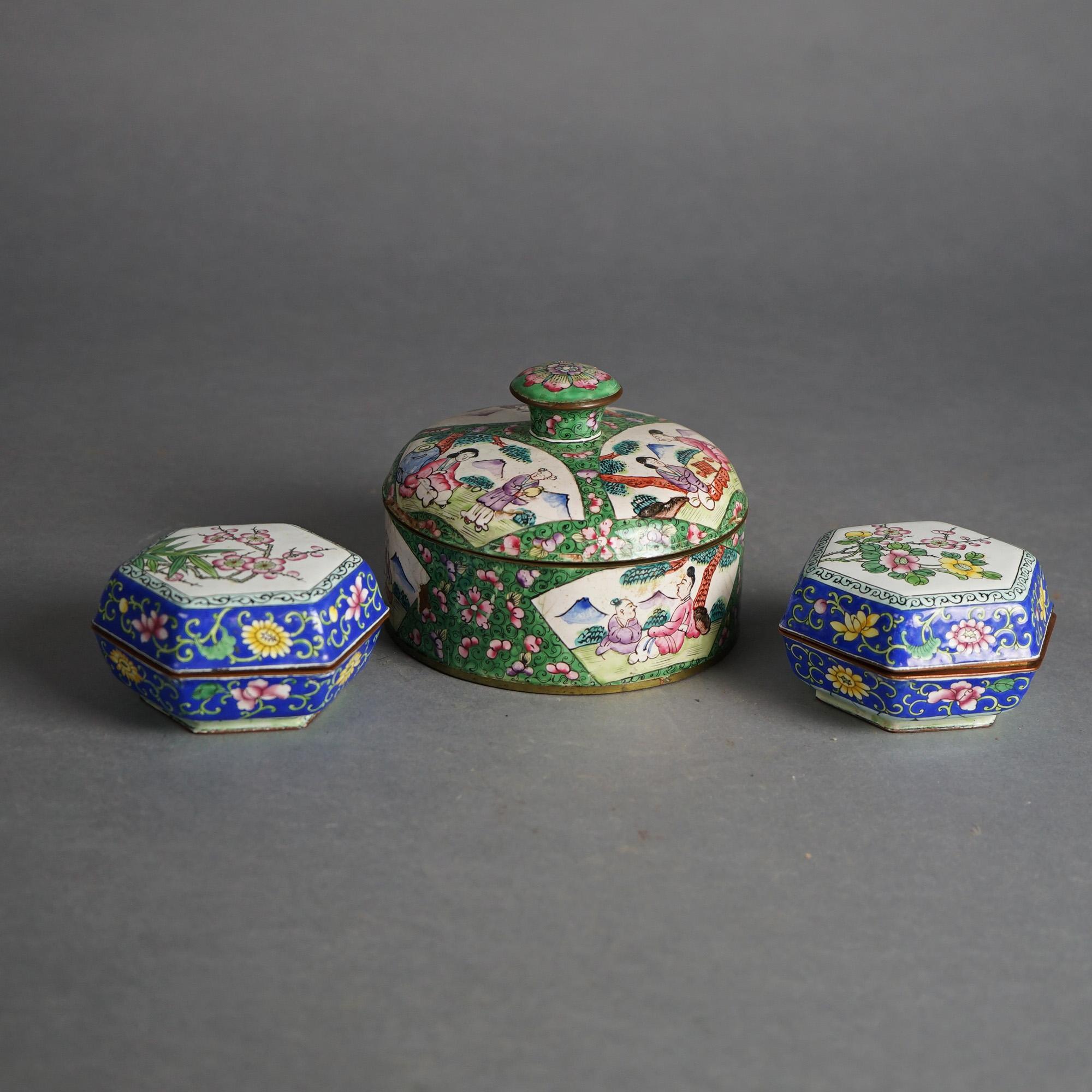 Three Antique Chinese Floral Enameled Boxes C1920 In Good Condition For Sale In Big Flats, NY